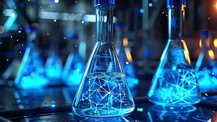 a close-up view of a glass flask filled with a blue liquid, illuminated by a soft, blue light