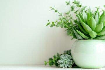 Wall Mural - This composition highlights a variety of succulents nestled in a soft green pot, showcasing their vibrant hues and unique shapes against a minimalist white setting