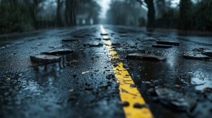 Aufkleber - A rainy day with a yellow line on the road