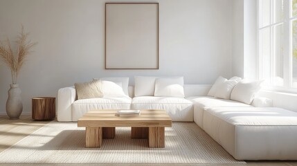 Sticker - A simple, minimalist living room with a natural wood coffee table and a white corner sofa, offering a serene, modern aesthetic with clean