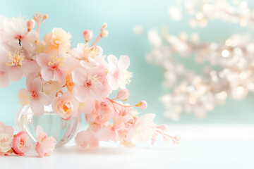 Sticker - Soft pastel cherry blossoms elegantly fill a transparent vase, creating a serene focal point. The gentle hues and dreamy background evoke a peaceful spring ambiance