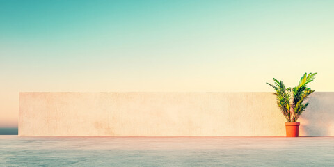 A serene rooftop terrace with a potted plant against a bright blue sky during sunset hours