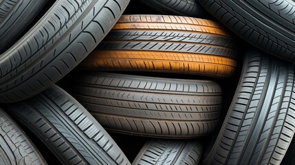 Canvas Print - Close-up view of multiple stacked car tires with various tread patterns, featuring one tire with a distinct brownish hue among the black tires.