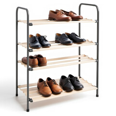 A simple, multi-tier shoe rack with metal frames and wooden shelves, designed for easy storage in small spaces, displayed on a white background.