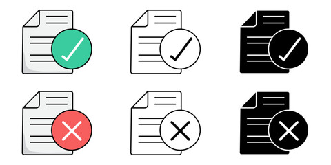 Approved and rejected document icon set. Check mark cross signs symbol isolated background.  Folder and file paper flat simple infographics design template, red and green, vector illustration.