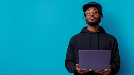 Poster - A man wearing a black hoodie and glasses is holding a laptop