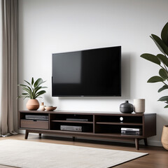 A low-profile TV stand with open shelving and closed storage compartments, featuring a minimalist design in a dark wood finish, isolated on a white background.