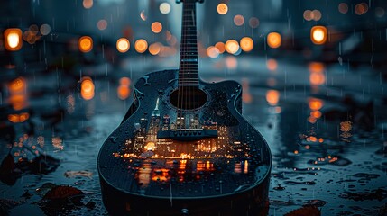 Wall Mural - Acoustic Guitar Cityscape Double Exposure