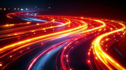 Poster - Abstract light trails of red and yellow on dark background create dynamic and vibrant scene, evoking sense of movement and energy. flowing lines illustrate beauty of light in motion