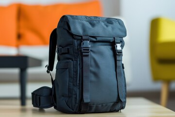 stylish black backpack placed on table, modern interior in background.
