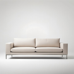 A sleek, low-profile sofa with clean lines, featuring neutral-colored upholstery and slim metal legs, isolated on a white background.