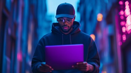 Poster - A man wearing a black hoodie and a black hat is looking at a purple laptop