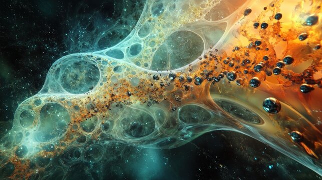 A 3D abstract rendering of a complex, organic structure with glowing spheres and a dark background.