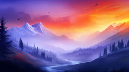 A breathtaking panoramic photo of a beautiful landscape featuring snow-capped mountains, lush green forests, and a clear flowing river under a vibrant sunset , whimsical illustration cartoon style