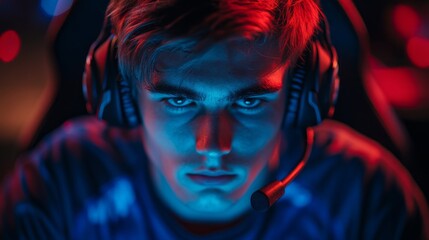 Poster - A man wearing headphones and a microphone is looking at the camera