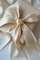 Wall Mural - Elegant cream ribbon tied beautifully around a gift box on a soft surface