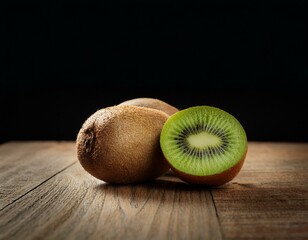 fresh kiwi on wooden table at black background