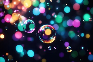 Wall Mural - glowing rainbowcolored bubbles floating in a dark space, playful glowtime, joyful and whimsical