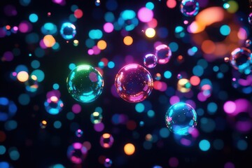 Wall Mural - glowing rainbowcolored bubbles floating in a dark space, playful glowtime, joyful and whimsical