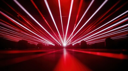 Wall Mural - a vibrant and energetic image of red and white laser lights on a stage. the beams create a dynamic a