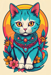 Enchanting Blue Cat with Bright Eyes Adorned in Jewels Amidst Colorful Floral Frame