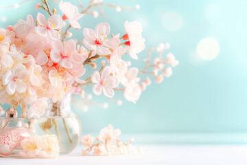 Canvas Print - A beautiful arrangement of soft pink blossoms fills a glass vase, creating a serene atmosphere. The gentle background enhances the floral display, evoking tranquility and warmth