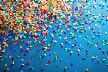 Colorful falling confetti on blue background Close-Up