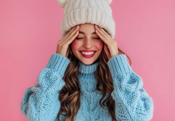 Wall Mural - Young woman with blonde hair wearing a cozy sweater and hat, smiling against a pink background