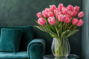 A vibrant bouquet of pink tulips in a clear vase on a wooden table against a dark green wall