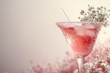 Wall Mural - Refreshing pink drinks in elegant glasses with delicate flowers on a light background