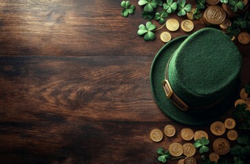 Decorative green hat with shamrocks and gold coins for St. Patricks Day celebration