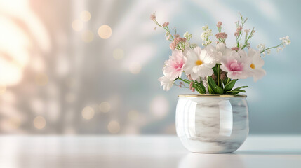 Sticker - A charming arrangement of artificial flowers sits gracefully in a marble pot, enhancing the ambiance with an illusion of natures beauty in a beautifully softened light