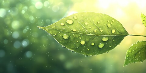 A cute icon of a bright green leaf with droplets of water, set against a soft background, symbolizing freshness and renewal in nature