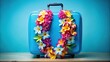 © Hugnaka - Colorful Hawaiian lei on blue suitcase symbolizing tropical vacation and travel excitement
