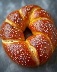 Wall Mural - A single soft pretzel with coarse salt on its glossy brown surface, isolated on white background 