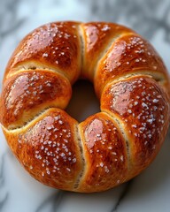 Wall Mural - A single soft pretzel with coarse salt on its glossy brown surface, isolated on white background 