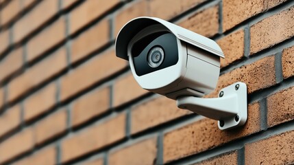 Wall Mural - Outdoor security camera mounted on a brick wall, focusing on surveillance and monitoring, enhancing security and safety.