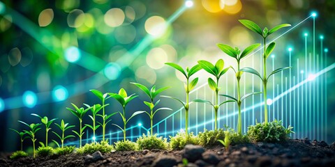 Seedlings representing financial growth and technological advancement flourish in the digital landscape, illustrating the symbiotic relationship between business innovation and sustainable economic 