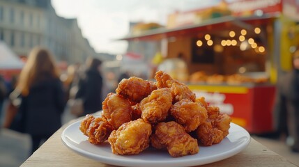 Fried Chicken Bites on a White Plate at a Food Stall