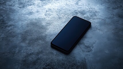 A black smartphone with a blank screen lies on a dark textured surface.