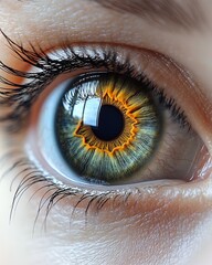 a striking green eye with fine detail in the iris and light reflection, isolated on white background