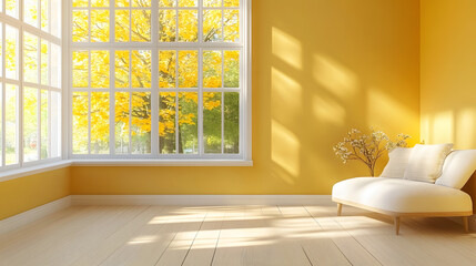 Poster - yellow virtual empty room background backdrop banner image with window for online presentations and zoom meetings