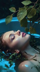 Woman lies in a bathtub with her eyes closed, green leaves of fresh plants float in the water. Beautiful girl taking a relaxing bath at night