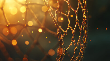 Close-up of a net with warm, glowing lights in the background.