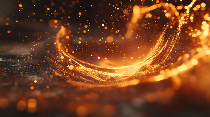 Poster - Abstract golden particles forming a swirling wave, with a dark background.