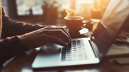 Aufkleber - A person's hands typing on a laptop computer with a cup of coffee nearby.