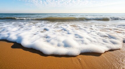 Wall Mural - A sunny day at the beach with a blue sky stretching endlessly over white sand and crystal-clear ocean waves.