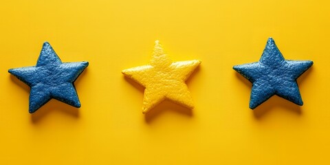 Three stars, two blue and one yellow, on a yellow background.