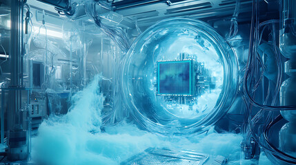 Aufkleber - A futuristic laboratory with a large, round glass container filled with blue gas. Inside the container is a computer chip with a blue and green image on it.