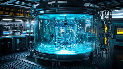 Aufkleber - A futuristic laboratory with a large, transparent, cylindrical chamber filled with blue liquid and tubes.